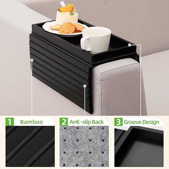 GEHE Bamboo Sofa Arm Tray, Foldable Couch Arm Tray Side Table, Anti-Falling Armrest Tables Cup Holder for Snacks, Drinks, Beers, Phone, Control, Flexible and Portable, Anti-Slip Bottom-NeatNest