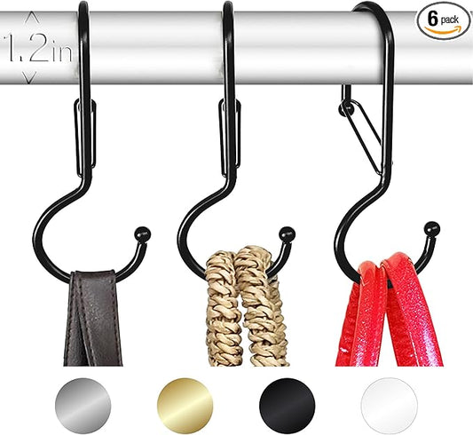 6 Purse Hanger for Closet. Tote Hanger. S-Shaped Hooks S Hooks Twist Design. Anti Drop S-Shaped Hook for Hanging Handbags with Safety Buckle to Prevent Falls. Heavy Duty. (Black, Twisted)-NeatNest