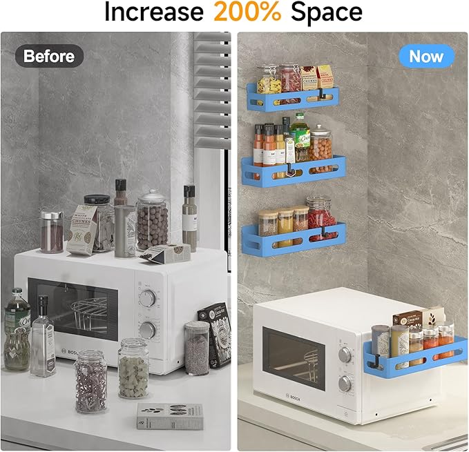 4 Pack Magnetic Spice Rack for Refrigerator, Spice Rack Organizer, Moveable Magnetic Shelf Fridge Organizer with 4 Hooks for Kitchen and Oven Organization, Blue