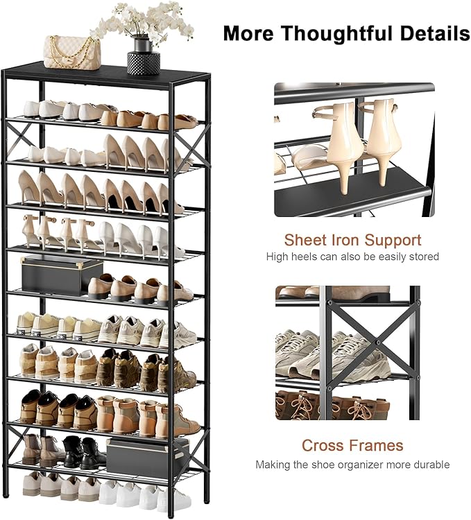 10-Tier Tall Shoe Rack Organizer Shoe Storage for Entryway 30-40 Pairs Metal Shoe Rack for Closet Heavy-Duty Shoe Rack with Wooden Top Shelf for Garage Black-NeatNest