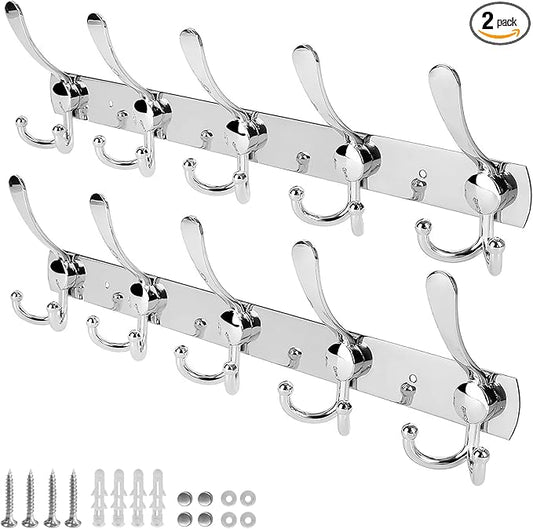 2 Pack Wall Mounted Three Prongs Coat Hooks - Thickened 304 Stainless Steel Coat Hooks, Anti-Sliding 5 Tri-Hooks Coat Rack Wall Mount,16 Inches Rustproof Coat Rack, Holding up to 44 lbs, Silver