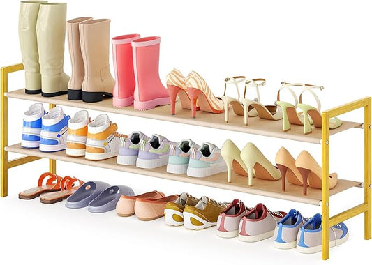 Long Shoe Rack for Closet Floor,2 Tier Wide Shoes Shelf Organizer,15-18 Pairs Bamboo Low Closet Shoe Stand Holders,Modern Sturdy Shoe Storage Rack for Entryway,49” x 11” x 17”-NeatNest