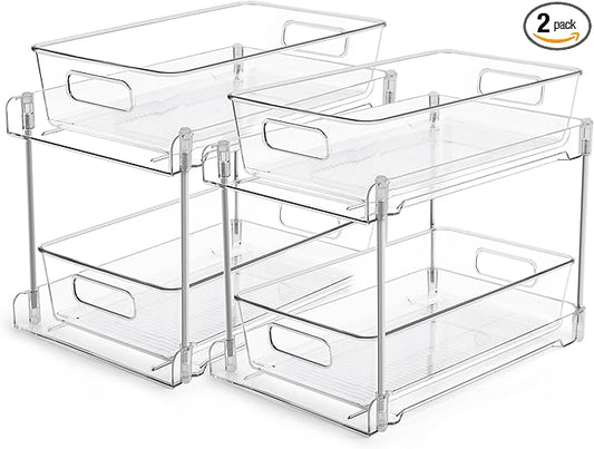 Vtopmart 2 Tier Bathroom Storage Organizer, 2 Pack Clear Under Sink Organizers Vanity Counter Container, Cabinet Drawers Bins, Pull-Out Organization with Track for Pantry, Kitchen-NeatNest