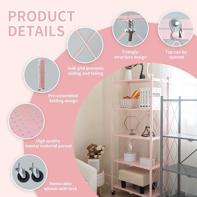 BRIAN & DANY 5-Tier Foldable Storage Shelves with Wheels, Folding Metal Rack Shelving Unit, Heavy Duty No Assembly Organizer Shelf for Garage, Kitchen, Basement, Pantry, Pink-NeatNest