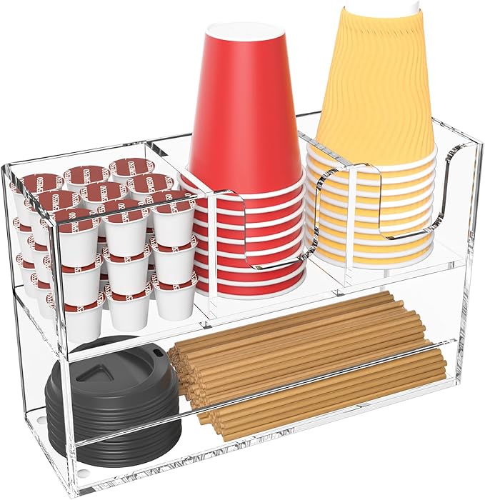 Coffee Condiment and Cup Organizer - 2-Tier Upright Cup and Lid Holder with Straw Organizer 4 Compartments Clear Acrylic Cup Dispenser for Restaurant Breakroom Coffee Station Countertop-NeatNest