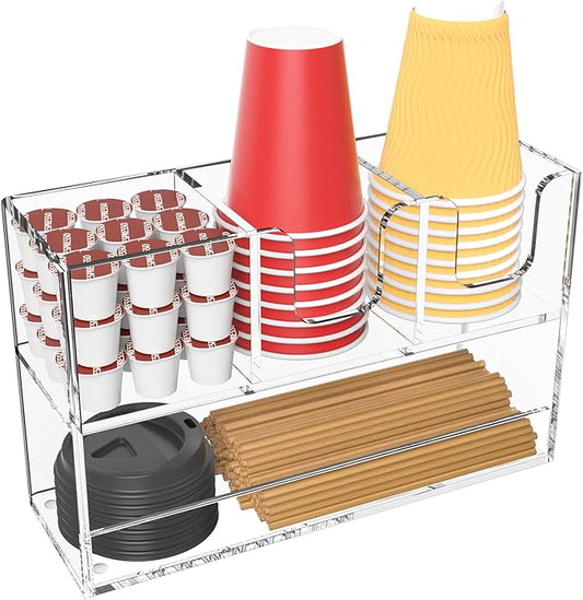 Coffee Condiment and Cup Organizer - 2-Tier Upright Cup and Lid Holder with Straw Organizer 4 Compartments Clear Acrylic Cup Dispenser for Restaurant Breakroom Coffee Station Countertop-NeatNest