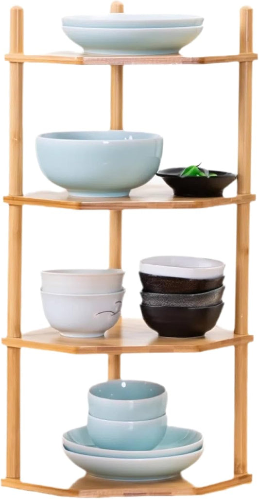 Expandable Bamboo Corner Shelf for Cabinet - 2-5 Tiers Plate Organizer, Kitchen Space Saver, Minimal Tool Assembly (Powered by Gogogo) (Natural, 6.7" H(4 Tier))-NeatNest