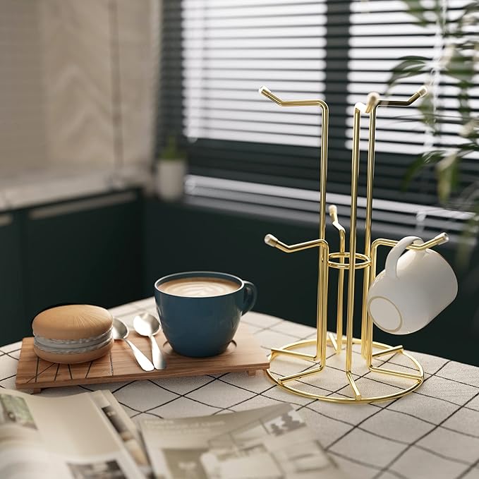 HULISEN Mug Holder for Large Cups, Mug Tree for Counter with 6 Hooks, Metal Coffee Mug Stand for Easy Pick, Place and Display, Coffee Bar Accessories and Decor, Free Standing Mug Rack, Gold-NeatNest