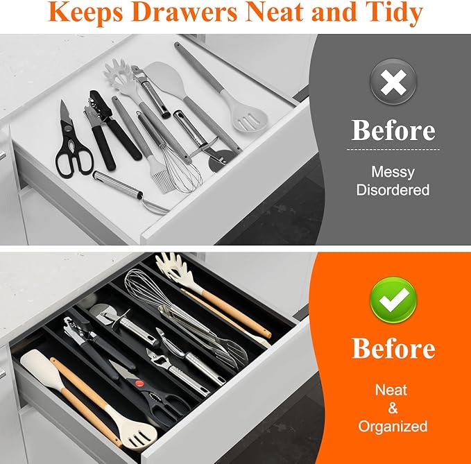 Expandable Large Kitchen Utensil Drawer Organizer Storage Black Bamboo Silverware Organizers Tray Divider Adjustable Spoon Flatware Organizer Wood Cutlery Tray Cooking Utensils Tool Holder Drawer-NeatNest