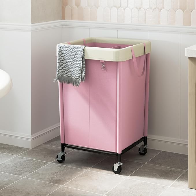 WOWLIVE 160L Rolling Laundry Hamper with Wheels, Heavy Duty Laundry Basket, Large Laundry Cart with Steel Frame and Removable Bag, Dirty Clothes Hamper for Home, Closet, Dorm, Bathroom, Pink