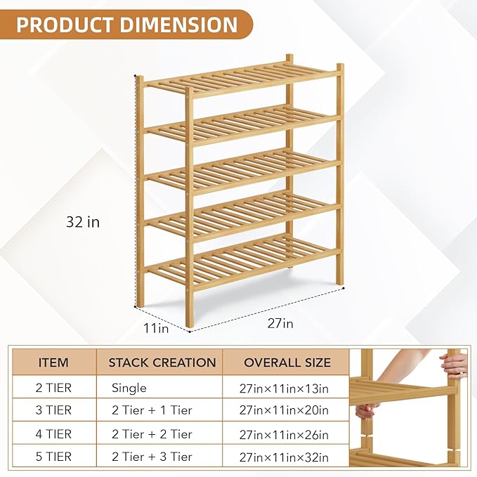 5 Tier Bamboo Shoe Rack Storage Organizer for Closet, Multifunctional Stackable Free Standing Shoe Shelf Organizer for Small Space,Entryway,Hallway,Bathroom 27"x11"x32"(Natural, 5 Tier)-NeatNest
