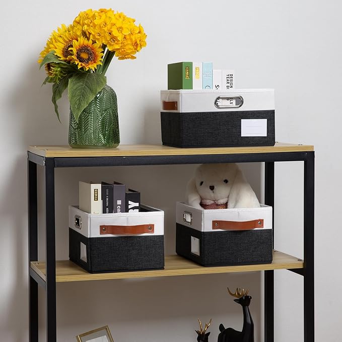 PRANDOM Foldable Storage Bins with Handles [3-Pack] Fabric Collapsible Storage Boxes Baskets Cubes Containers with Handles for Closet Living Room Bedroom (Black & White 11.5x8.5x6.7'')-NeatNest