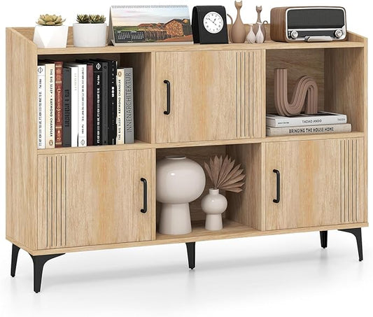 Giantex Storage Cabinet, Sideboard with 3 Doors, 3 Open Compartments, Bookcase with 5 Raised Metal Legs, Buffet Table, Bookshelf, Floor Cabinet for Living Room Display, Dining Room, Entryway, Oak