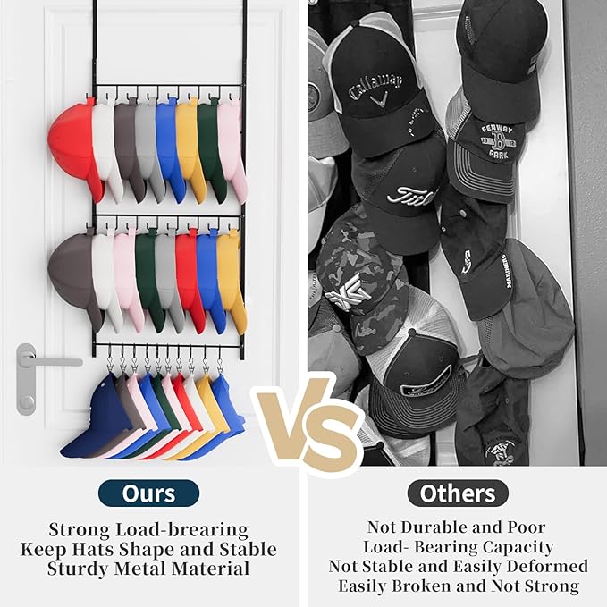 Consumest Over Door Hat Organizer - 3 Tier Wall Mounted Hat Rack with 16 Hooks and 10 Movable Clips, Hanging Baseball Cap Storage Holds up to 26 Caps for Door, Bedroom, Closet USPTO Patent Pending-NeatNest