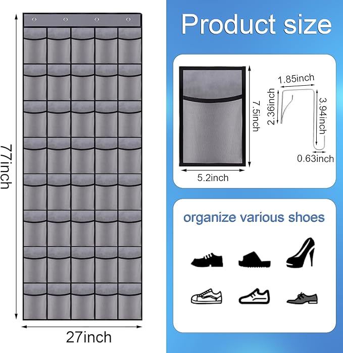 40 Mesh Pocket Over the Door Shoe Organizer,Hanging Shoe Rack for Closet Storage Holder for Dorm Room College Classroom Storag(Grey)-NeatNest