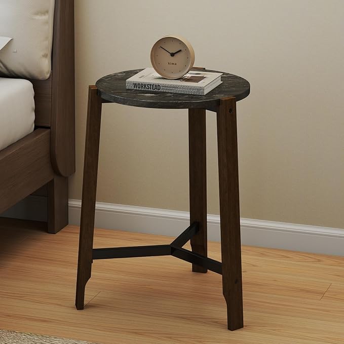 CIMOTA Round Side Table, 22.5" End Accent Table with Solid Wood Leg, Black Marble Texture Tabletop, Metal Beam, Round Nightstand for Small Spaces/Living Room/Bedroom, Black-NeatNest