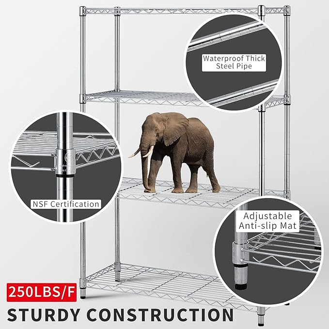 4 Tier Wire Shelving Unit Storage Shelves Shelf Organizer 54"x36"x14" Heavy Duty Metal Storage Rack Wire Rack NSF Height Adjustable for Laundry Bathroom Kitchen Garage Shelving (Chrome)