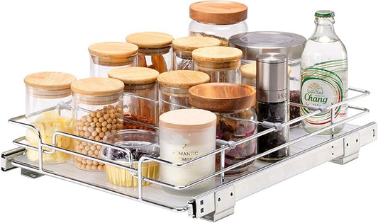 VEVOR 12.5"Wx16.5"Dx3.5"H Pull Out Cabinet Organizer, Heavy Duty Slide Out Pantry Shelves, Chrome-Plated Steel Roll Out Drawers Storage, for Home, Under Sink, 14"Wx17.5"Dx7"H Install Size for Cabinet-NeatNest
