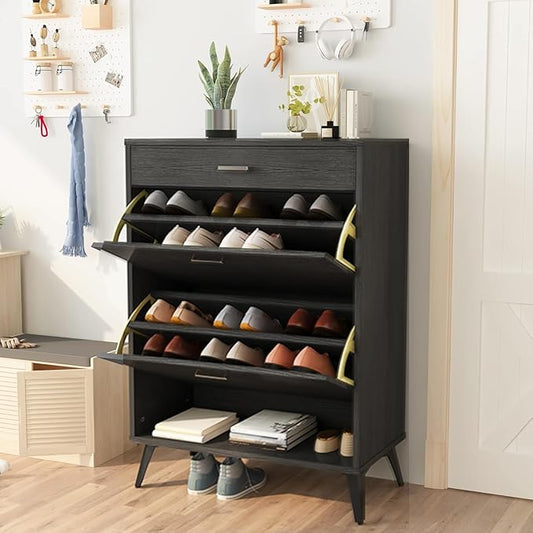 AWQM Shoe Storage Cabinet for Entryway, Free Standing Shoe Organizer with 2 Flip Drawers,Hidden Shoe Rack Storage Organizer for Doorway Hallway (Black)-NeatNest