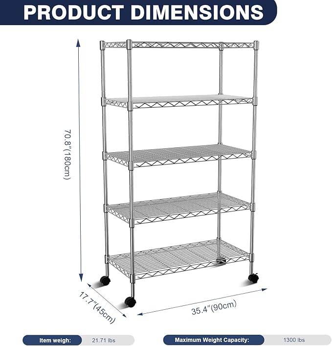 5-Tier Heavy Duty Wire Shelving Unit,35"Wx18"Dx71"H,5-Shelf Racks On Lockable Wheels,Height Adjustable Metal Shelves,Shelving Unit and Storage For Bathroom,Kitchen,Garage,Office,Studio,Chrome-NeatNest