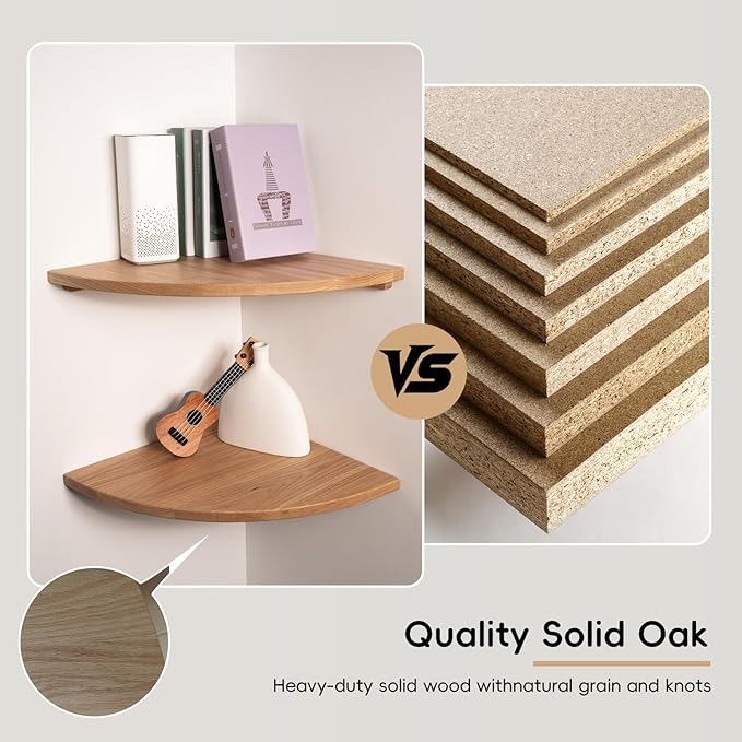 Floating Corner Shelves Oak 8", Solid Oak Wall Mounted Wooden Display Storage Rack with Wire Hole for Plants, Photos, Speakers, Bedroom, Kitchen, Living Room Décor - 2-Pack-NeatNest