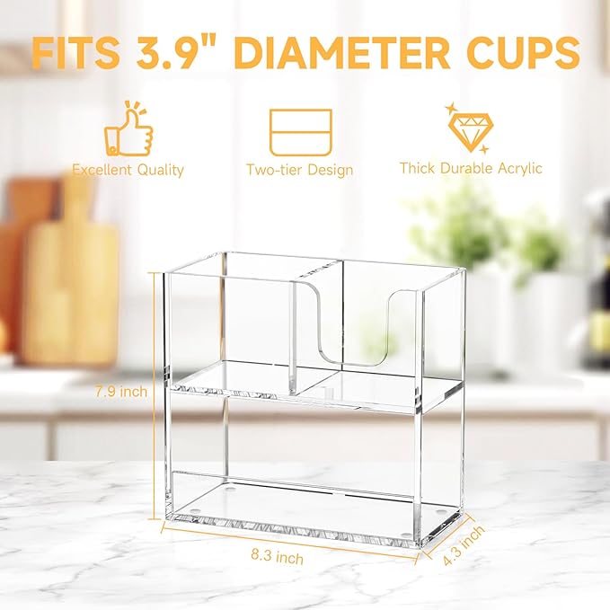 Coffee Condiment and Cup Organizer - 2-Tier Upright Cup and Lid Holder with Straw Organizer 3 Compartments Clear Acrylic Cup Dispenser for Restaurant Breakroom Coffee Station Countertop-NeatNest