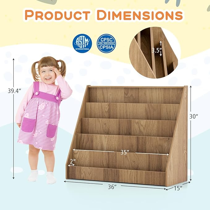 Costzon 5-Tier Kids Bookshelf, Wooden Children Bookcase, Toddler Book Rack, Magazine Storage & Display Shelf, Book Shelf for Kids Room, Living Room, Nursery, Classroom (Natural)-NeatNest