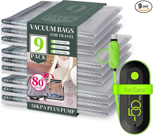 9 Pack Travel Vacuum Storage Bags with USB Electric Pump, Carry-on Size Space Saver Bags for Clothes and Clothing Travel，Compression Packing for Luggage and Suitcase-NeatNest