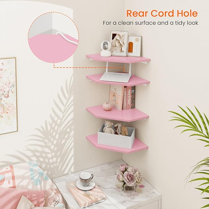 Homode Corner Shelf Wall Mount, Set of 4 Corner Floating Shelves, Wood Hanging Storage Shelving with Cord Hole, Wall Shelf Organizer for Bathroom Bedroom Living Room Office, Pink-NeatNest