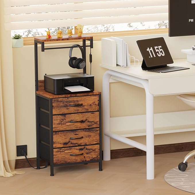 Furnulem Night Stand with Charger Station, 38'' Tall Nightstand with 4 Fabric Drawers and LED Lights, Bedside Table with Storage Shelf for Bedroom, Office, Metal Frame, Wood Shelves, Rustic Brown