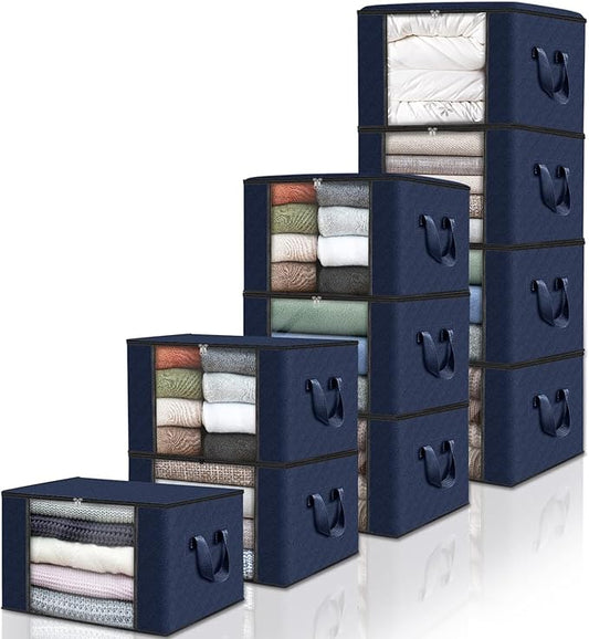 Fab totes 10 Pack Clothes Storage, Foldable Thick Fabric Blanket Storage Bags, Containers for Organizing Bedroom, Closet, Clothing, Comforter,Closet Organization with Handle,Blue-NeatNest
