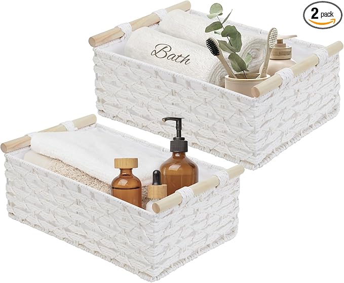 DECOMOMO White Wicker Baskets, Back of Toilet Basket, Bathroom Basket Organizer, Countertop, Home Decor (White, Set of 2)-NeatNest