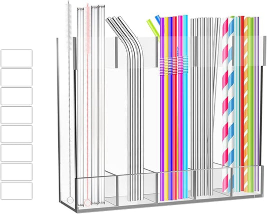 Acrylic straw holder for cabinet door, Reusable Tumbler Straw Organizer Storage for Cupboard Drinking Straws Dispenser for Kitchen Counter, Ultra Sticky Cupboard Door Mounted (Transparent)
