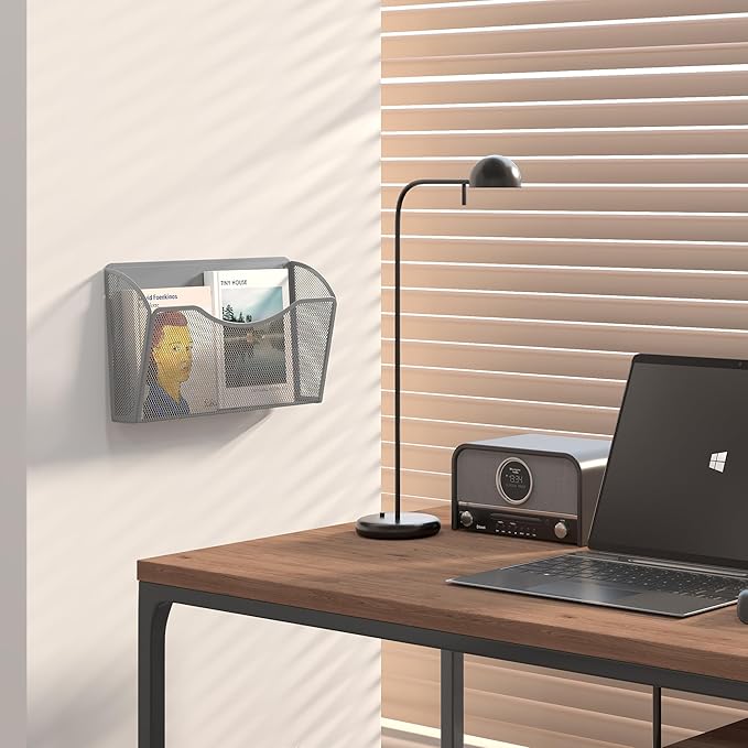 EasyPAG Wall File Holder, Single Mesh Hanging File Organizer for A4 Letter Size Paper, Wall Mount Paperwork Basket for Office, Home, School, Silver