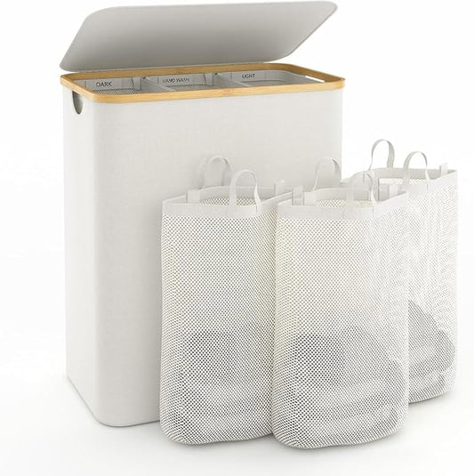 Hampers for Laundry Basket with Lid, 160L Extra Large Laundry Hamper 3 Section Dirty Clothes Hampers for Laundry Divided Laundry Basket Organizer for Bedroom,Laundry Room,Dirty Clothing Hamper,Beige-NeatNest