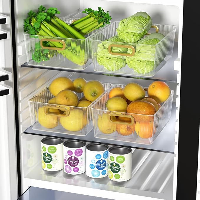 4 Packs Clear Plastic Storage Bin, Pantry Organizer Bin for Refrigerator, Kitchen, Freezer Organization