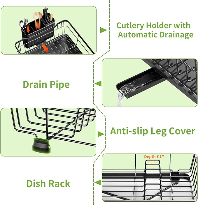Small Dish Drying Rack, Space Saving Dish Racks for Kitchen Counter, Kitchen Organizer Dish Drainer with Cutlery Holder for Spoons and Forks, 11''W x 15''L, Black