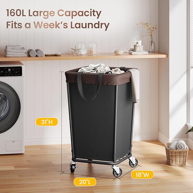 160L Laundry Basket with Wheels, 2-section Rolling Laundry Basket, Large Laundry Hamper with Wheels, Rolling Laundry Hamper Clothes Hamper for Home, Bathrooms and Dorm(Black)