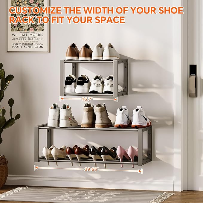 Homeiju Hanging Shoe Organizer,2 Pack Wall Mounted Shoe Rack Holds 12 Pairs,Space Saving Metal Wall Shoe Rack,Hanging Shoe Rack Shoe Holder for Small Space,Entryway,Closet,RV,Camper (Grey)-NeatNest