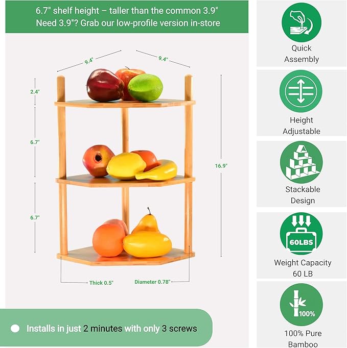 Expandable Bamboo Corner Shelf for Cabinet - 2-5 Tiers Plate Organizer, Kitchen Space Saver, Minimal Tool Assembly (Powered by Gogogo) (Natural, 6.7" H(3 Tier))-NeatNest