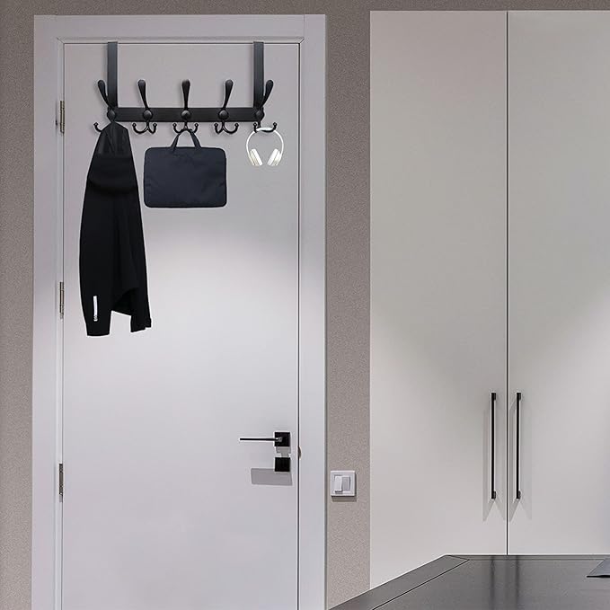 WEBI Over The Door Hook,Door Hanger Hook Rack with 5 Tri Hooks for Hanging Coats,Over Door Towel Rack Door Coat Towel Hanger Door Coat Rack for Bathroom,Behind Back of Door,Black