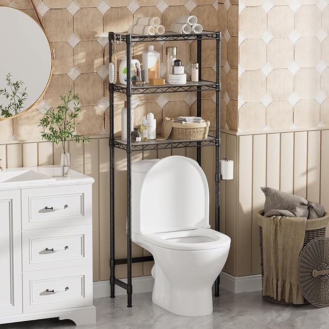 3-Tier Over The Toilet Storage Shelf,Heavy Duty Adjustable Metal Bathroom Rack with Toilet Paper Holder & Hooks,Space-Saving Organizer for Bathroom,10”D x 24”W x 66”H,Black