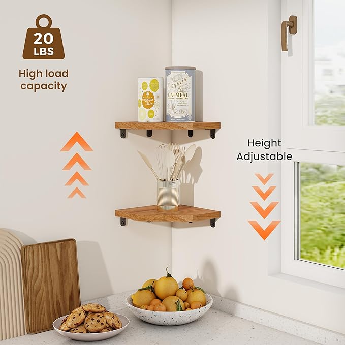 Fun Memories Corner Shelf Wall Mount Set of 2 - Solid Oak Wood Floating Corner Shelf with Cable Hole, 7in Rustic Design for Bedroom, Living Room, Kitchen (Natural)-NeatNest
