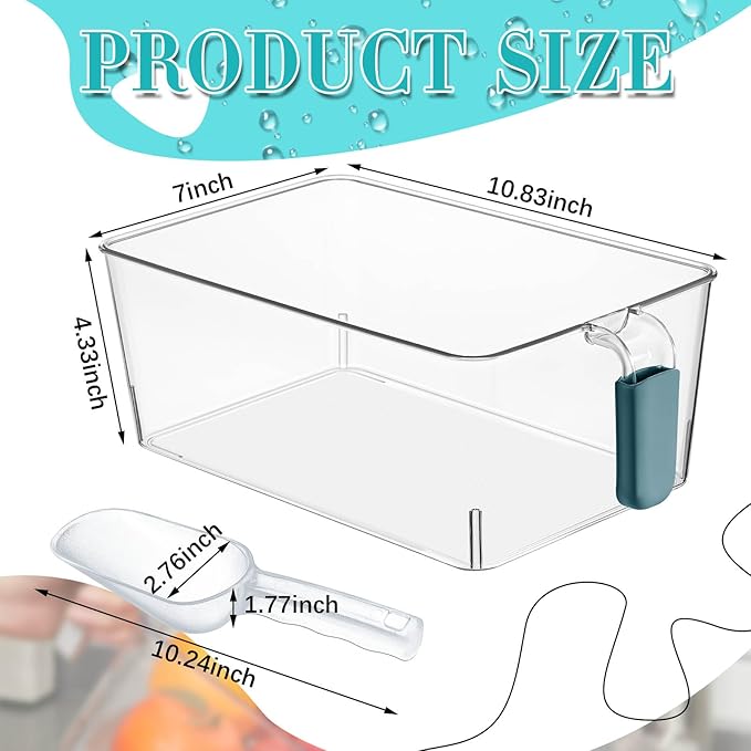Havawish 2 Set Ice Bin and Flexible Scoop Set Plastic Freezer Ice Bin with Pull out Handle Clear Storage Bucket for Container with Bucket Scoop(Dark Blue,10.83 x 7 x 4.33 in)