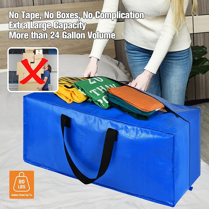 Heavy Duty Extra Large Storage Bags, XL Blue Moving Bags for College Dorm Room Essentials, Moving Supplies Boxes Compatible with IKEA Frakta Cart, 6 Packs