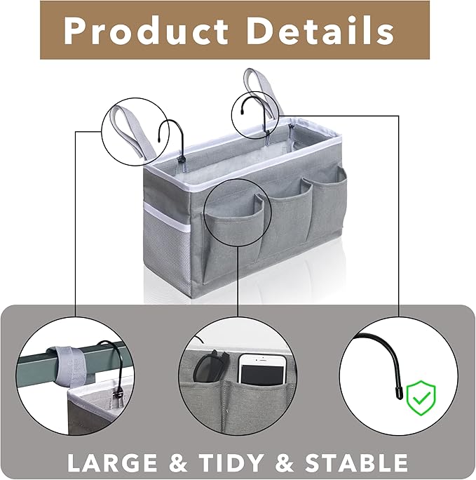 3-Piece Bedside Caddy Storage Organizer with Pockets for Bedrooms, Loft Beds & Top Bunk Beds (Gray)-NeatNest