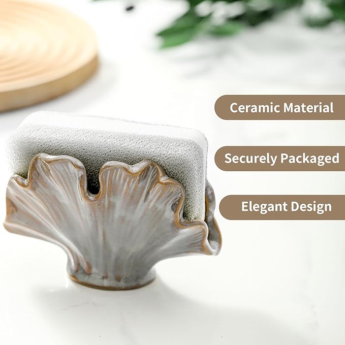 Ceramic Sponge Holder,Sponge Holder for Kitchen Sink,Compact Sink Caddy Organizer-Scouring Pad and Dish Holder,Farmhouse Kitchen Decor Cute Gadgets Accessories(Brown Grey)-NeatNest