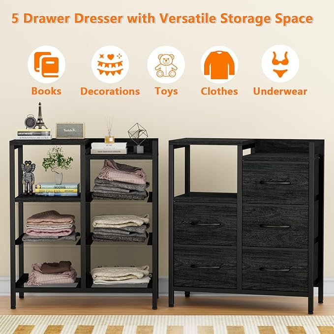 Furnulem 5 Drawer Black Dressers for Bedroom 2 Tier Shelf Storage Small Fabric Dresser for Closet Sturdy Metal Frame Modern Style Storage Cabinets Organization Units for Hallway Rooms-NeatNest
