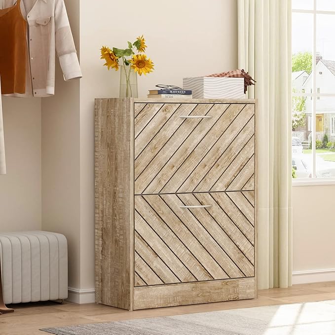 Shoe Cabinet with 2 Flip Drawers, Shoe Storage Organizer with 2-Tier Shelf for Entryway, Freestanding Shoe Rack Storage Organizer(Burlywood)-NeatNest