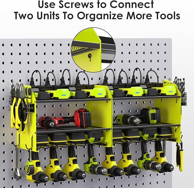 CCCEI Modular Power Tool Organizer Wall Mount Charging Station, Green 6 Drills Holder with 8 Plug Power Strip 10FT, Garage Drill Battery Heavy Duty Metal Shelf, Utility Rack with Hooks, Side Storage.-NeatNest